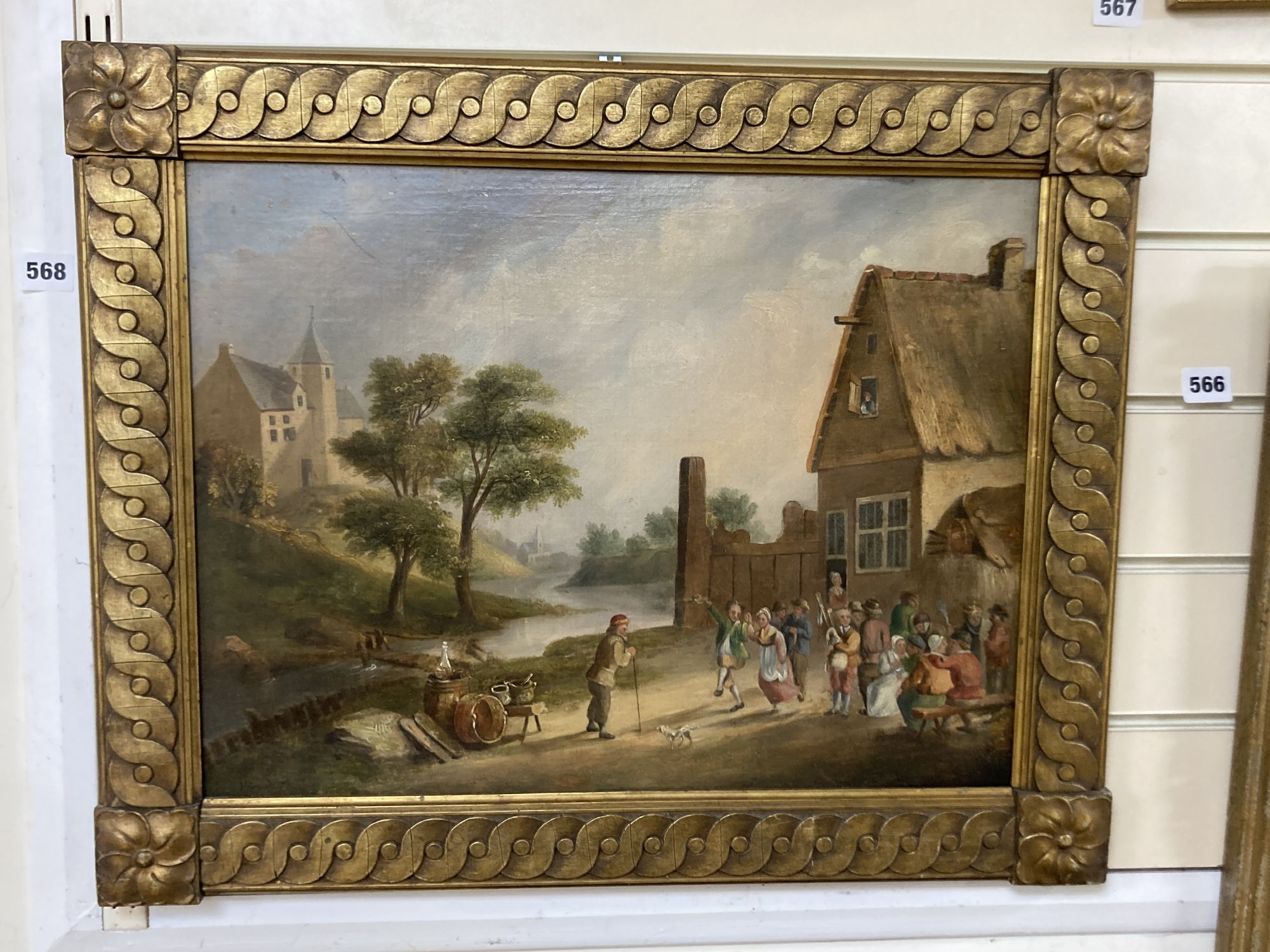 Van Heyde, oil on canvas, 17th century figures celebrating beside a tavern, signed, 37 x 48cm